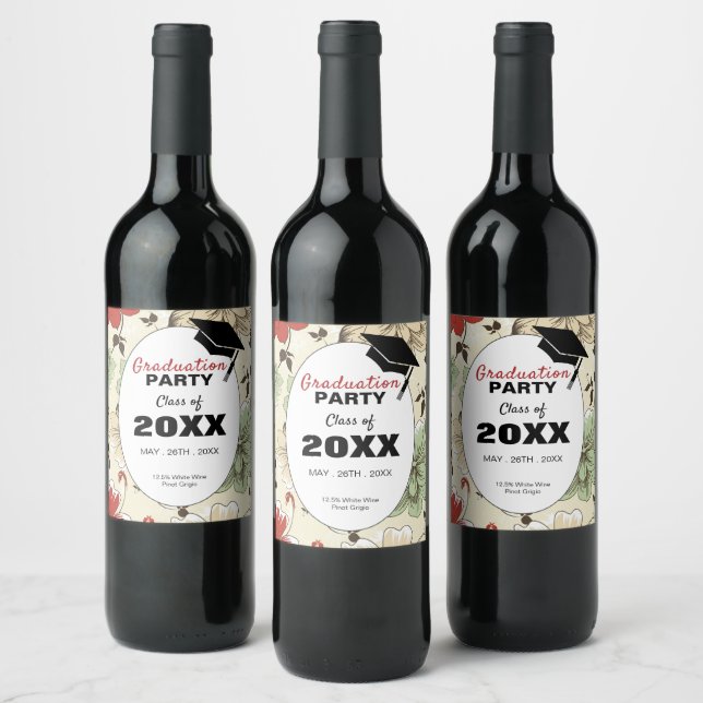 Chic Floral Cap, Graduation Party Wine Label (Bottles)