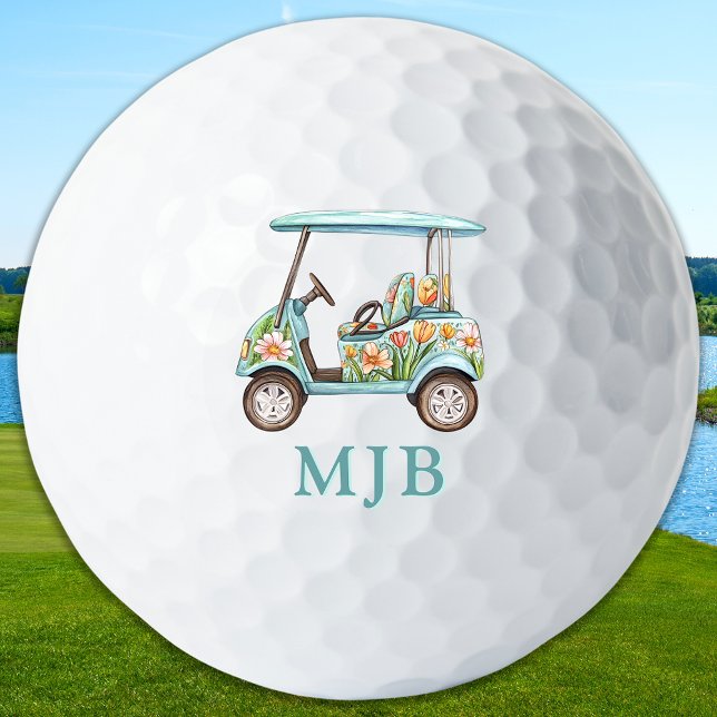 Chic Floral Cart Personalised 3 Initial Monogram Golf Balls (Creator Uploaded)