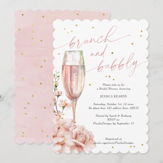 Chic  floral champagne flutes brunch and bubbly in invitation (Front/Back)