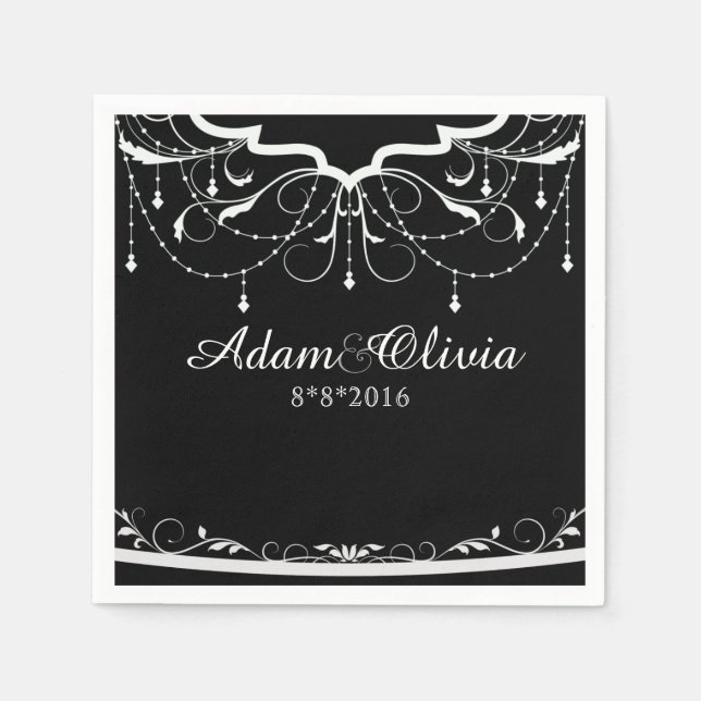 Chic Floral Chandelier Black Wedding Napkin (Front)