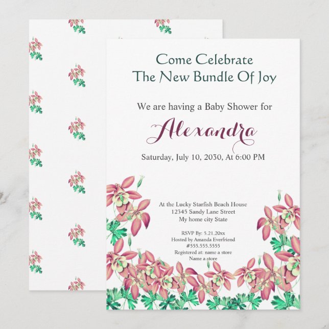 Chic Floral Columbine Pink Peach Girl Baby Shower (Front/Back)