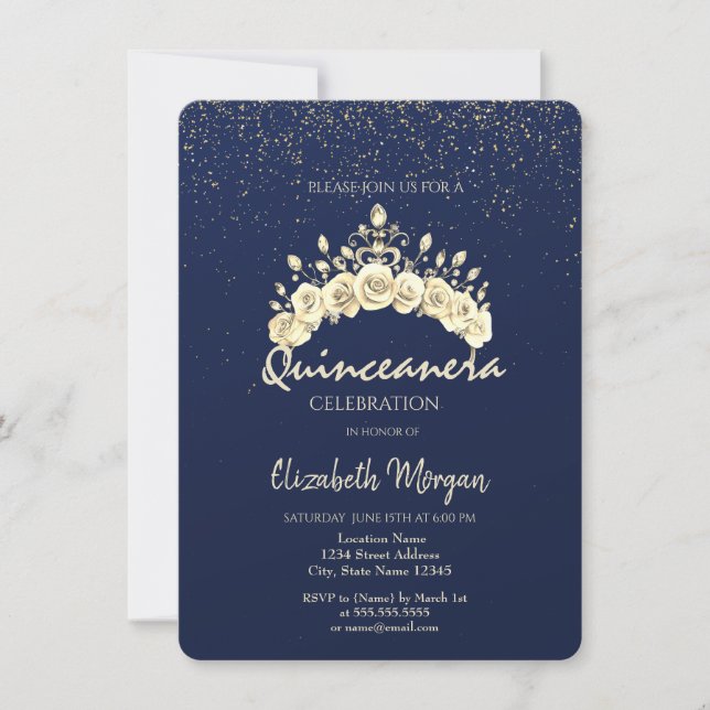 Chic Floral Crown Navy Blue Gold Quinceañera  Invitation (Front)