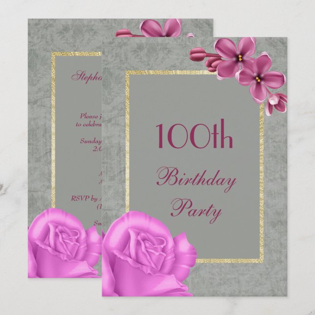 Chic Floral & Elegant Damask 100th Birthday Invitation (Front/Back)