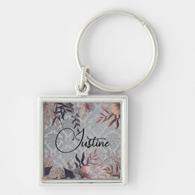 Chic Floral Elegant Damask Personalized   Key Ring (Front)