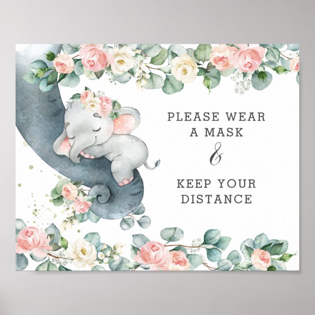 Chic Floral Elephant Wear A Mask Keep Distance Poster (Front)
