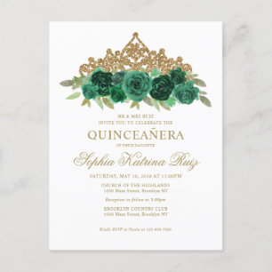 Chic Floral Emerald Green Gold Tiara Quinceañera Postcard