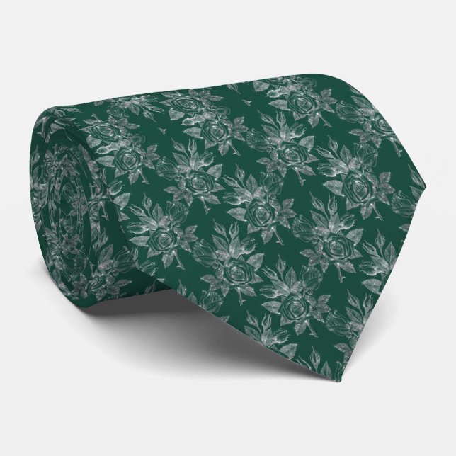 Chic Floral Emerald Silver Wedding Tie (Rolled)