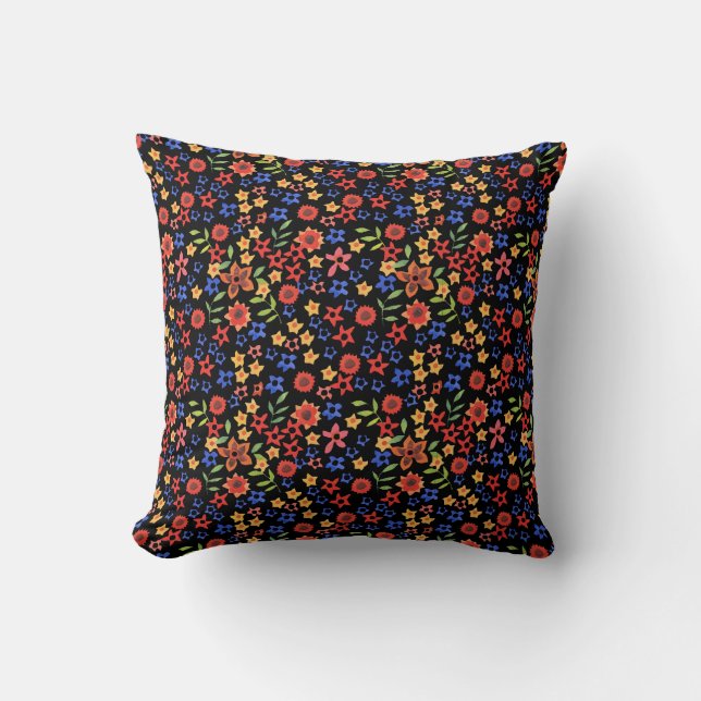 Chic Floral Folk Art Style Pattern on Black Cushion (Front)