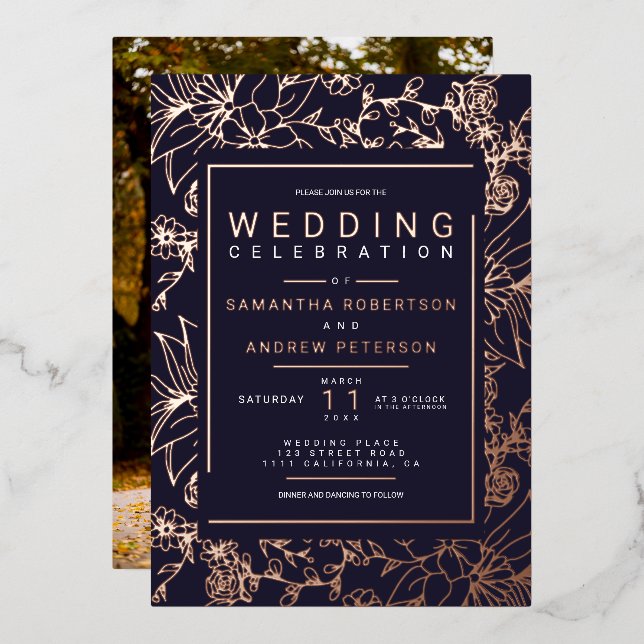 Chic floral frame navy blue elegant wedding photo (Front/Back)