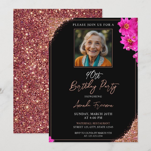 Chic Floral Glitter 90th Birthday Invitation (Front/Back)