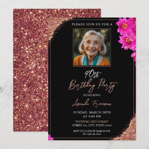 Chic Floral Glitter 90th Birthday Invitation