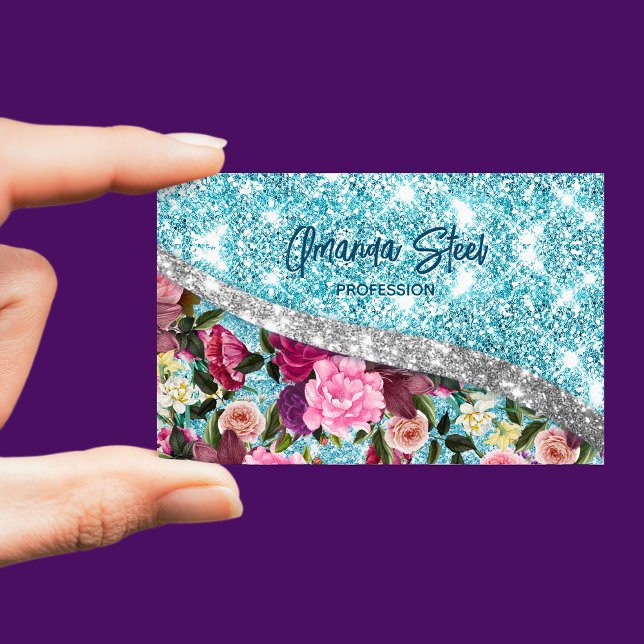 Chic floral glittery aqua purple silver monogram 	Magnetic business card (Creator Uploaded)