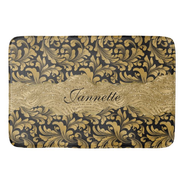 Chic Floral glittery Faux Black Gold Monogram Bath Mat (Front)