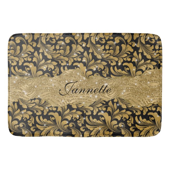 Chic Floral glittery Faux Black Gold Monogram Bath Mat (Front)