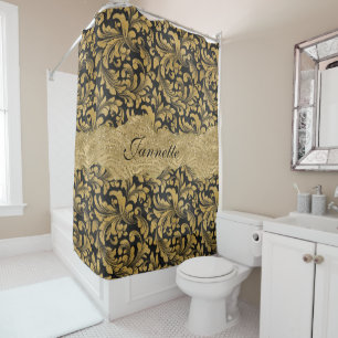Chic Floral glittery Faux Black Gold Monogram Shower Curtain