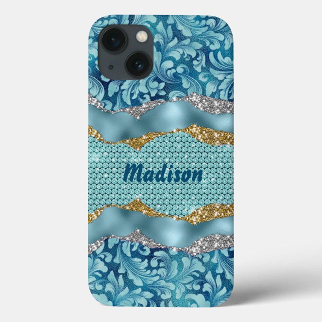Chic floral glittery gold Turquoise teal monogram Case-Mate iPhone Case (Back)