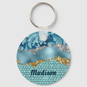 Chic floral glittery gold Turquoise teal monogram Key Ring