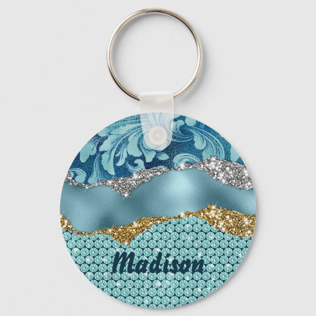 Chic floral glittery gold Turquoise teal monogram Key Ring (Front)