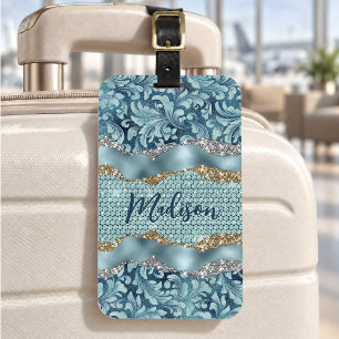 Chic floral glittery gold Turquoise teal monogram Luggage Tag