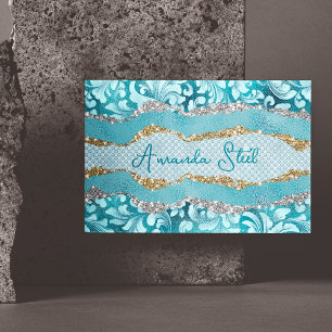 Chic floral glittery gold Turquoise teal monogram  Magnetic Business Card