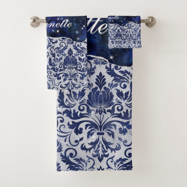 Chic floral glittery Navy Blue Silver Monogram Bath Towel Set (Insitu)