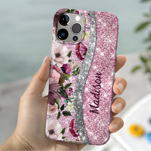 Chic floral glittery Purple pink silver monogram Case-Mate iPhone 14 Case