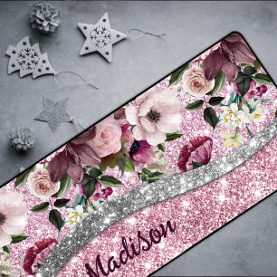 Chic floral glittery Purple pink silver monogram  Desk Mat