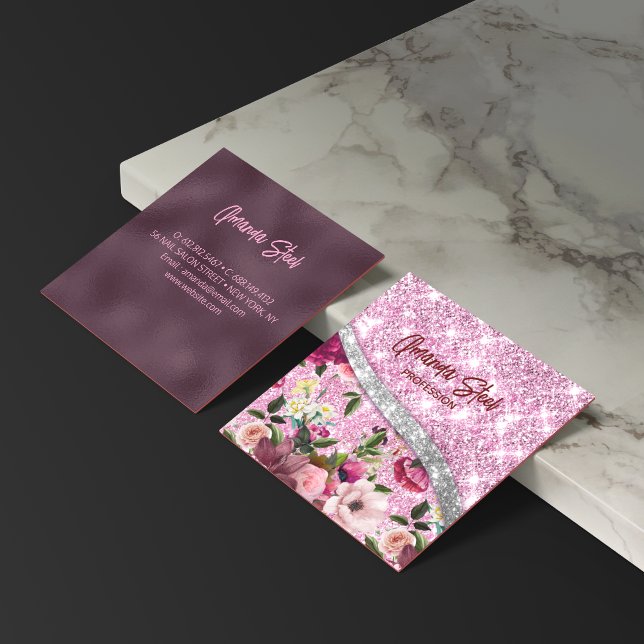 Chic floral glittery Purple pink silver monogram Square Business Card (Creator Uploaded)