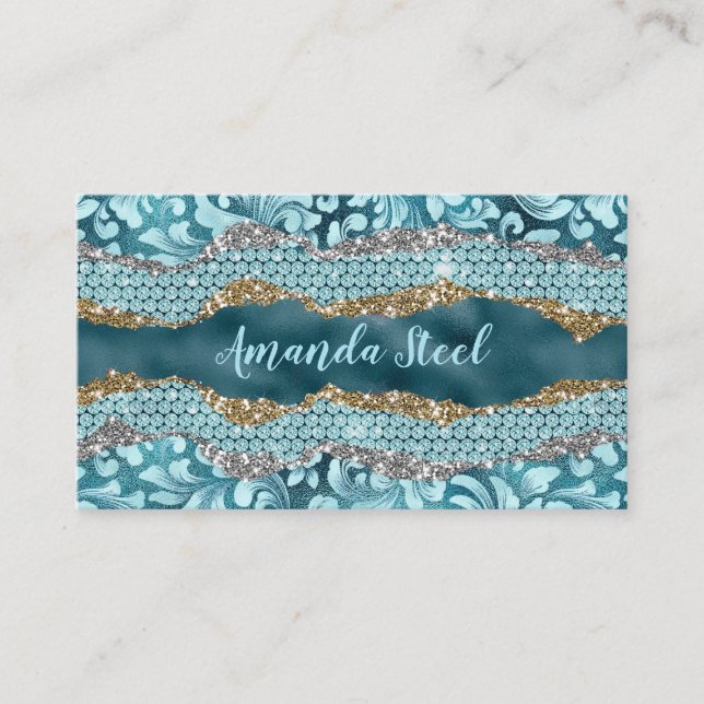Chic floral glittery Teal Turquoise gold monogram Appointment Card (Front)