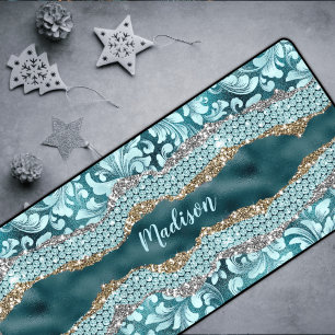 Chic floral glittery Teal Turquoise gold monogram Desk Mat