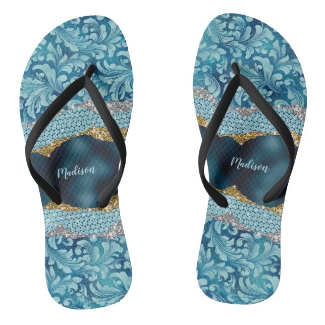 Chic floral glittery Teal Turquoise gold monogram  Flip Flops (Footbed)