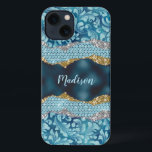 Chic floral glittery Teal Turquoise gold monogram  iPhone 13 Case<br><div class="desc">Pretty chic and elegant girly floral design in blue teal, turquoise aqua and faux rhinestones and glitter to create a special unique stylish case to protect your device. Beautiful, modern and cool cover for the trend-savvy and art-loving hip trendsetter. This stylish sophisticated design would be great for girls who enjoy...</div>