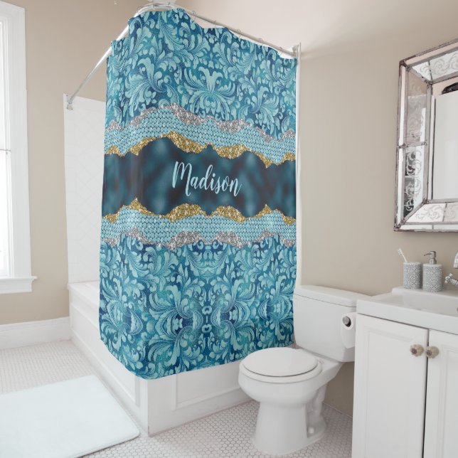 Chic floral glittery Teal Turquoise gold monogram Shower Curtain (In Situ)