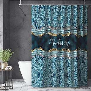 Chic floral glittery Teal Turquoise gold monogram Shower Curtain