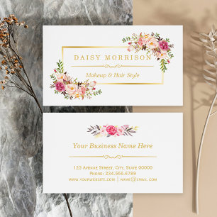 Chic Floral Gold Frame Makeup Artist Beauty Salon Business Card