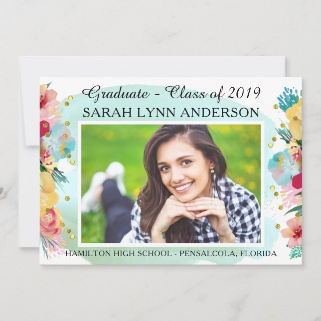 Chic Floral & Gold Glitter Watercolor Graduation Invitation (Front)