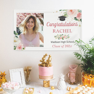 Chic Floral Gold Graduation Celebration Photo Banner