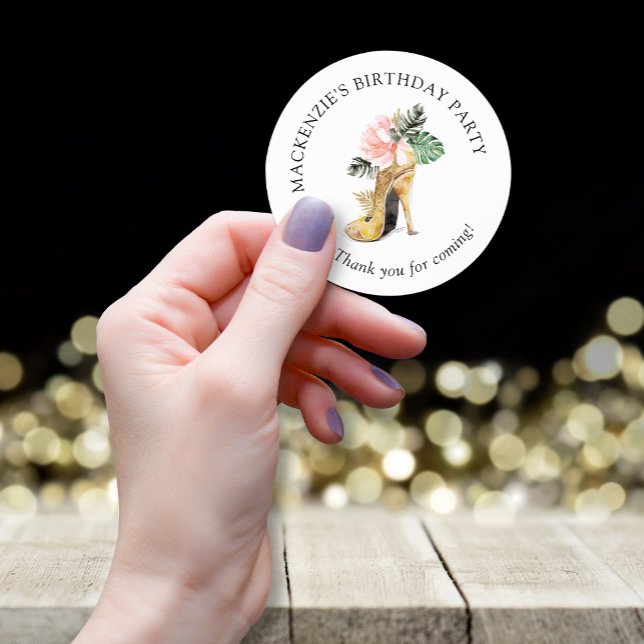 Chic Floral Gold High Heel Shoe Birthday Thank You Classic Round Sticker (Creator Uploaded)