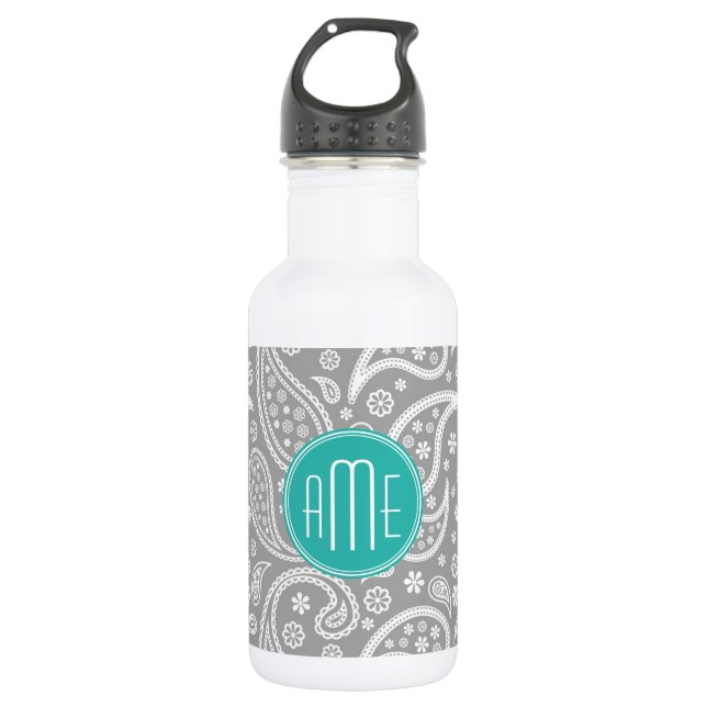 Chic Floral Grey Paisley Pattern & Blue Monogram 532 Ml Water Bottle (Front)