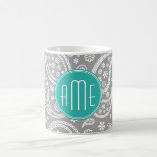 Chic Floral Grey Paisley Pattern & Blue Monogram Coffee Mug