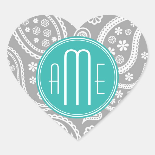Chic Floral Grey Paisley Pattern & Blue Monogram Heart Sticker (Front)