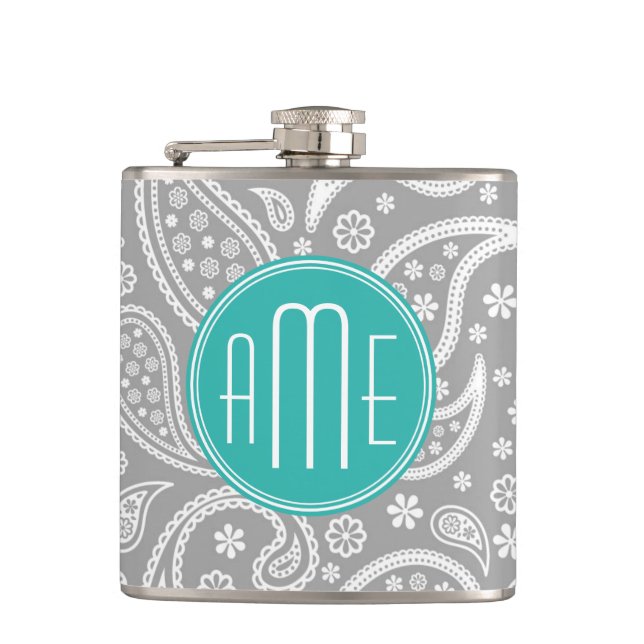 Chic Floral Grey Paisley Pattern & Blue Monogram Hip Flask (Front)