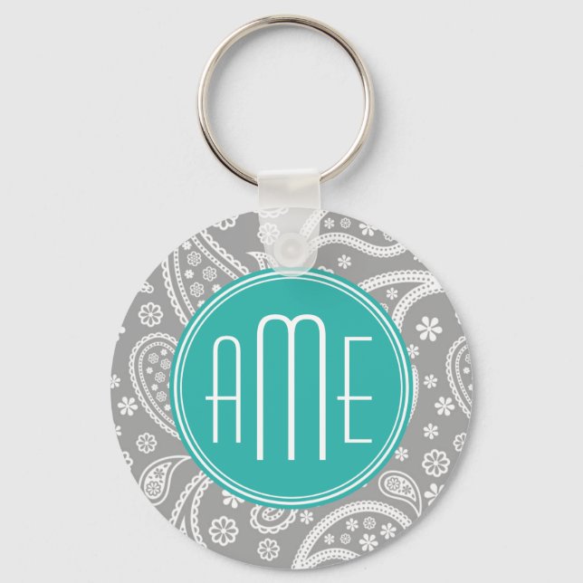 Chic Floral Grey Paisley Pattern & Blue Monogram Key Ring (Front)