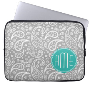 Chic Floral Grey Paisley Pattern & Blue Monogram Laptop Sleeve