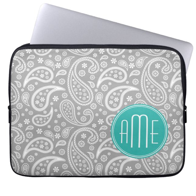 Chic Floral Grey Paisley Pattern & Blue Monogram Laptop Sleeve (Front)