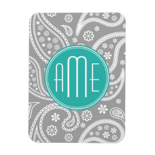 Chic Floral Grey Paisley Pattern & Blue Monogram Magnet