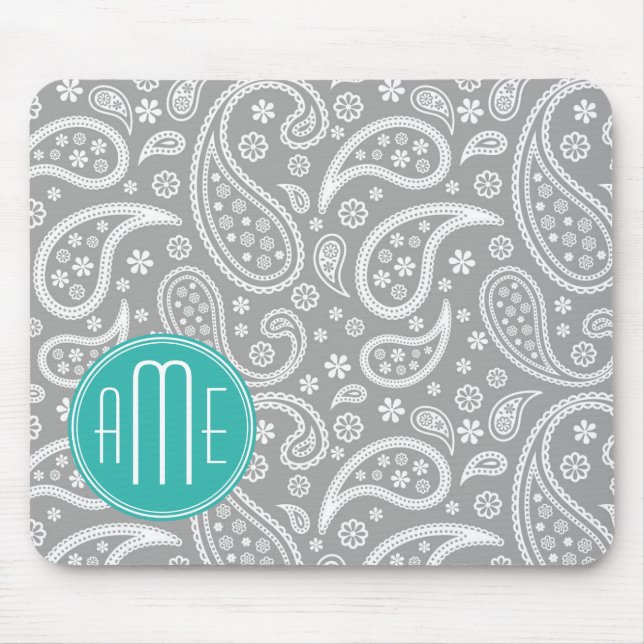 Chic Floral Grey Paisley Pattern & Blue Monogram Mouse Mat (Front)