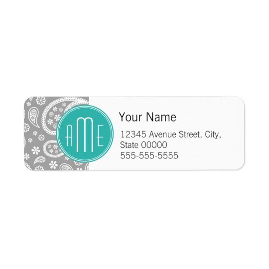 Chic Floral Grey Paisley Pattern & Blue Monogram Return Address Label