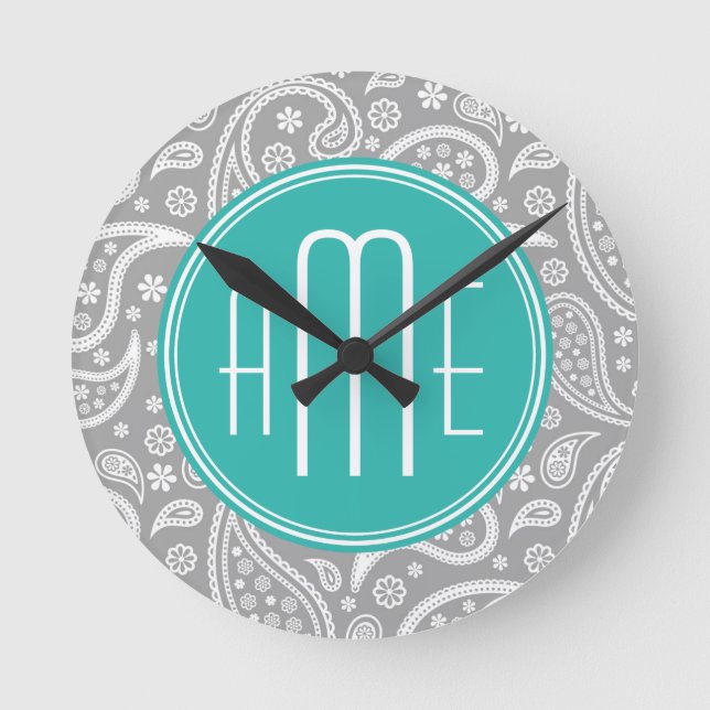 Chic Floral Grey Paisley Pattern & Blue Monogram Round Clock (Front)