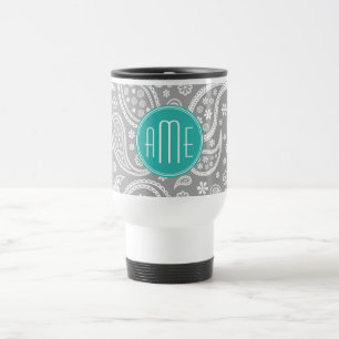 Chic Floral Grey Paisley Pattern & Blue Monogram Travel Mug